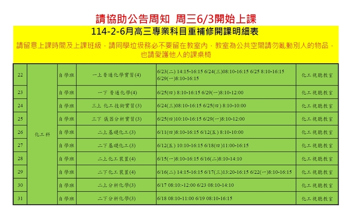 六月專業科目重補修上課時間與上課教室3